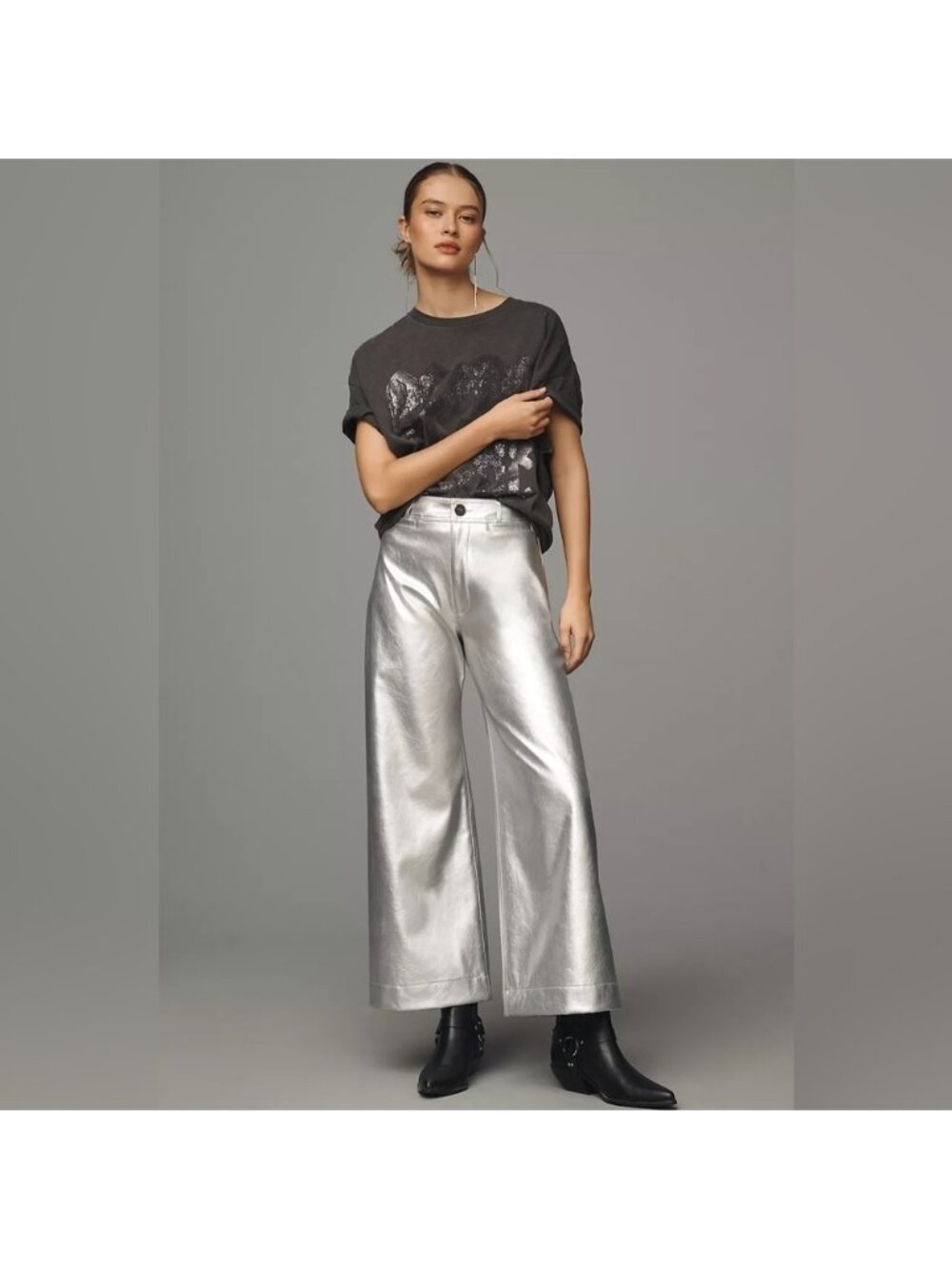 NWT Anthropologie Maeve The Ettie High-Rise Crop Wide-Leg Pants Metallic Size 24